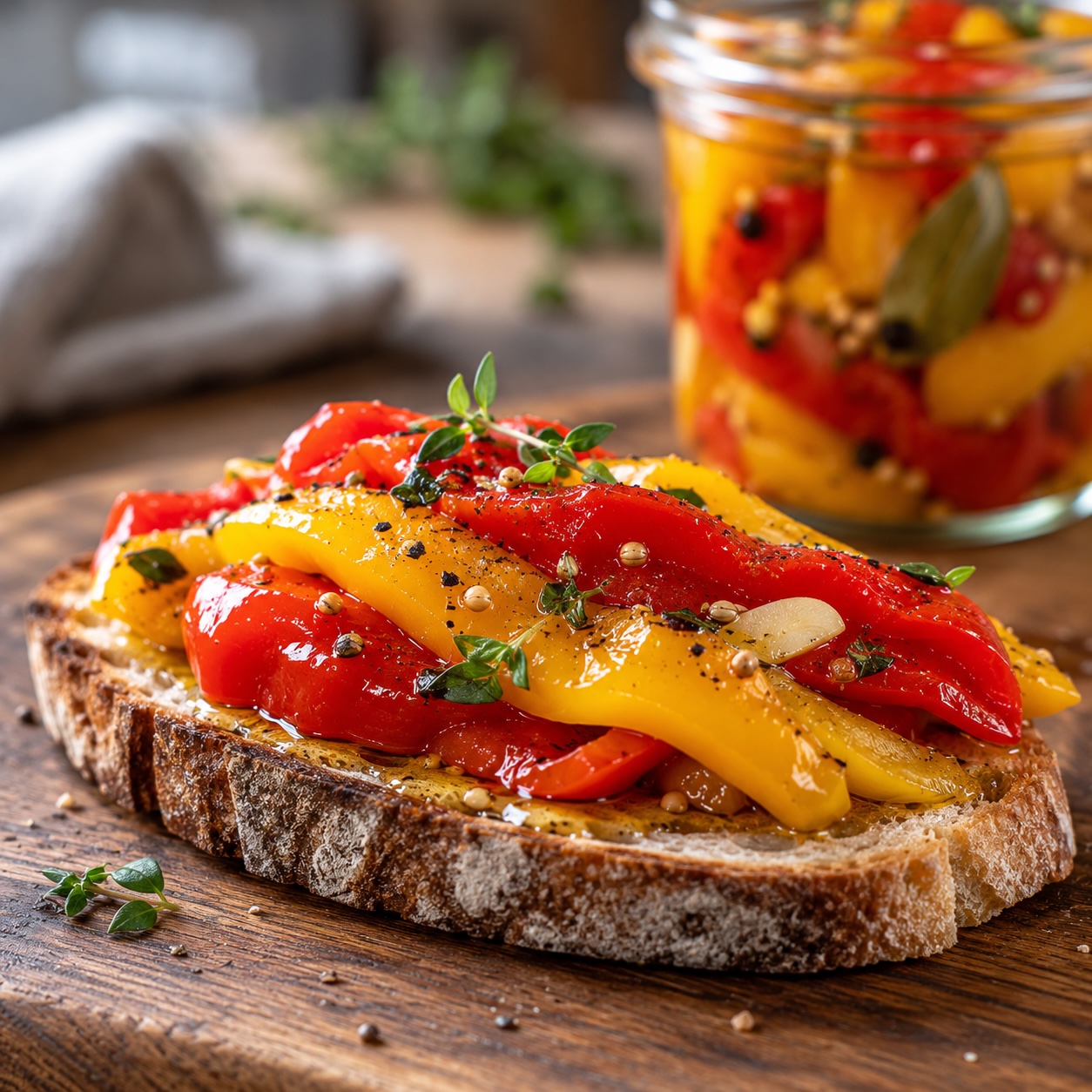 Eingelegter Paprika auf geröstetem Sauerteigbrot